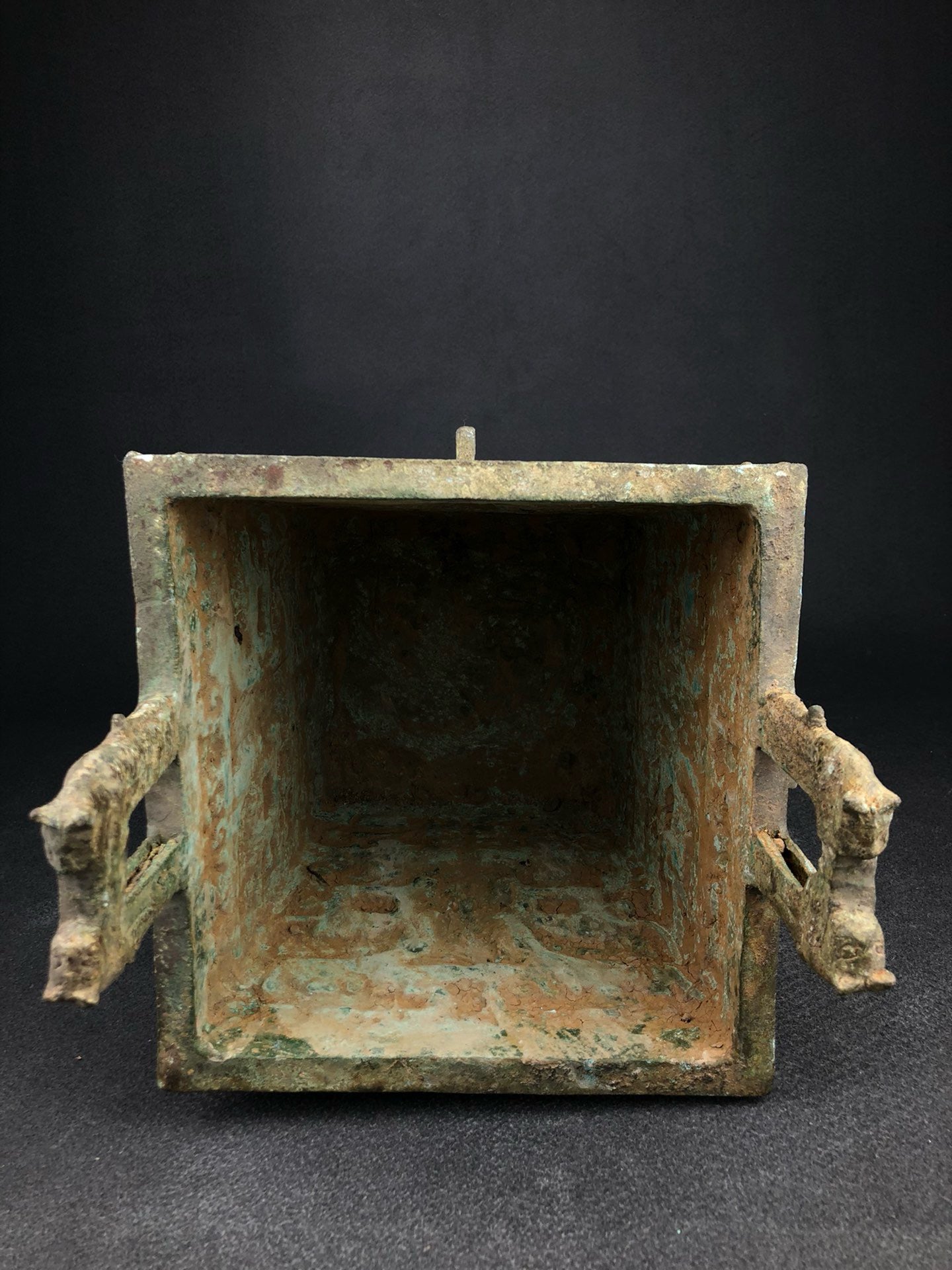 Chinese antique bronze animal faced square cauldron