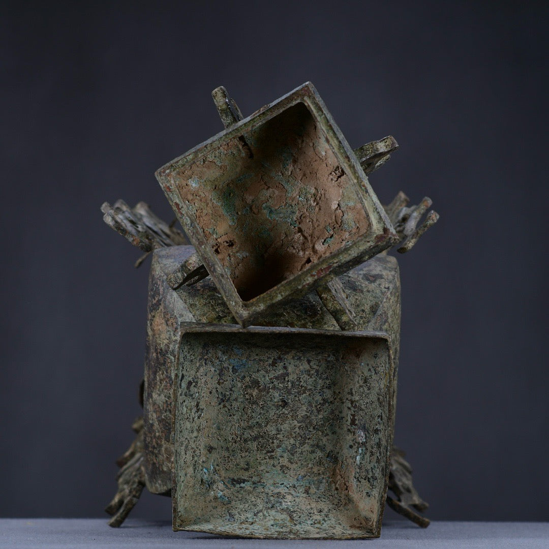 Chinese antique bronze four dragon square teapot