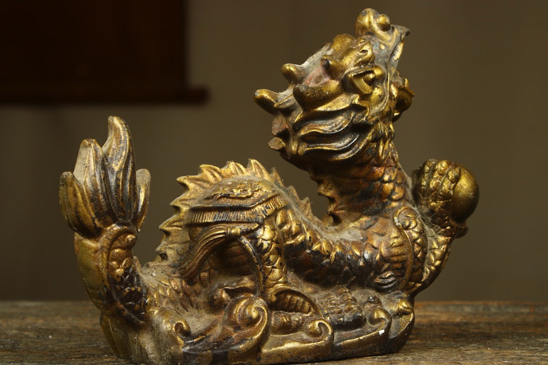 Chinese antique copper gilded handmade creation of a precious dragon
