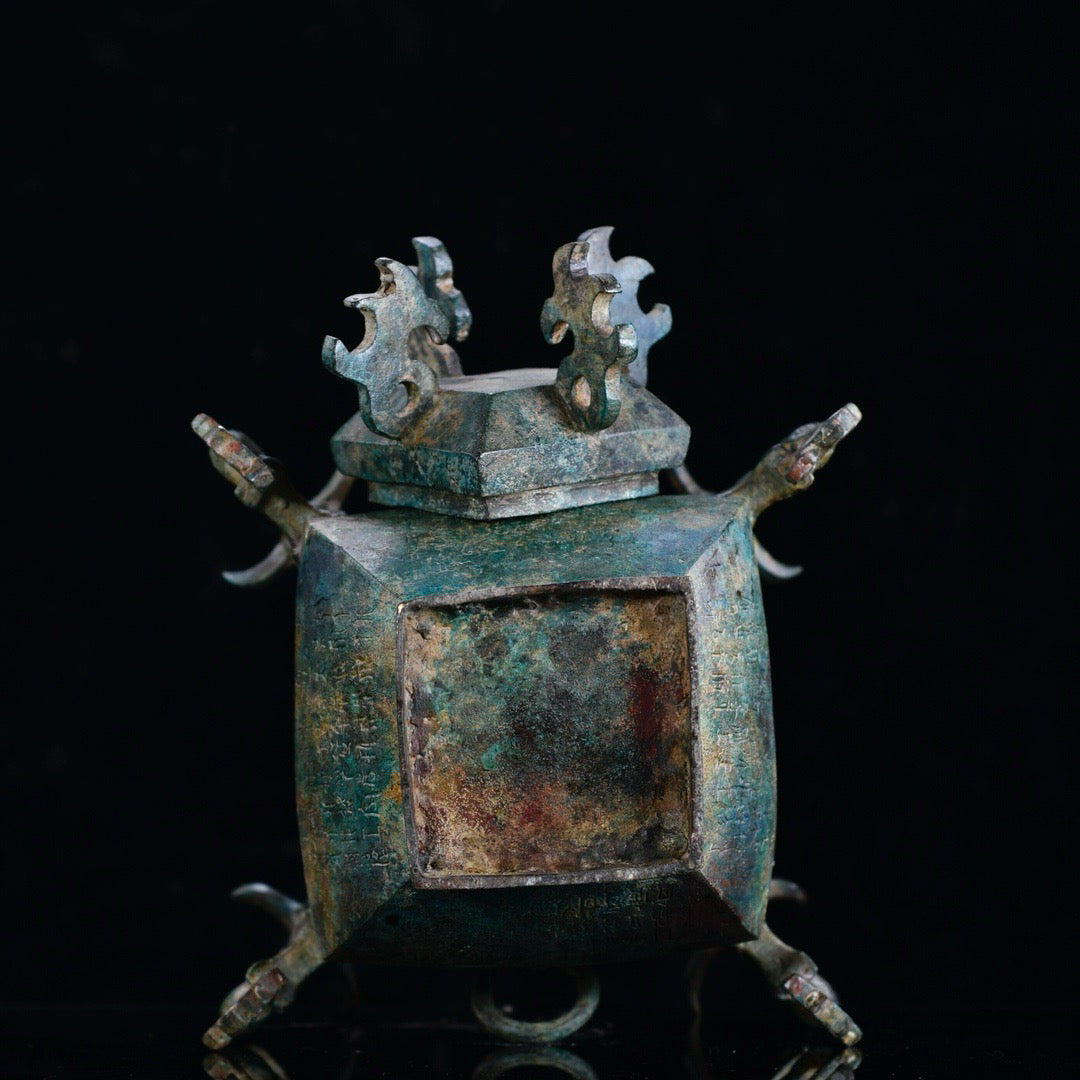 Chinese antique bronze four dragon square teapot