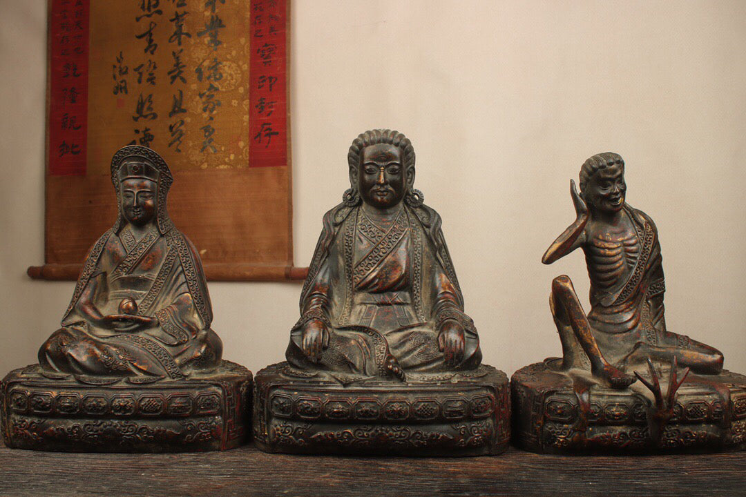 A set of Chinese antique pure copper statues of the Three Sages of the Kagyu sect