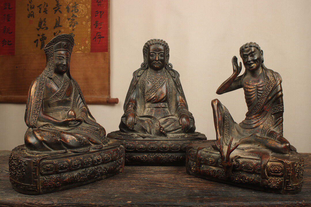 A set of Chinese antique pure copper statues of the Three Sages of the Kagyu sect