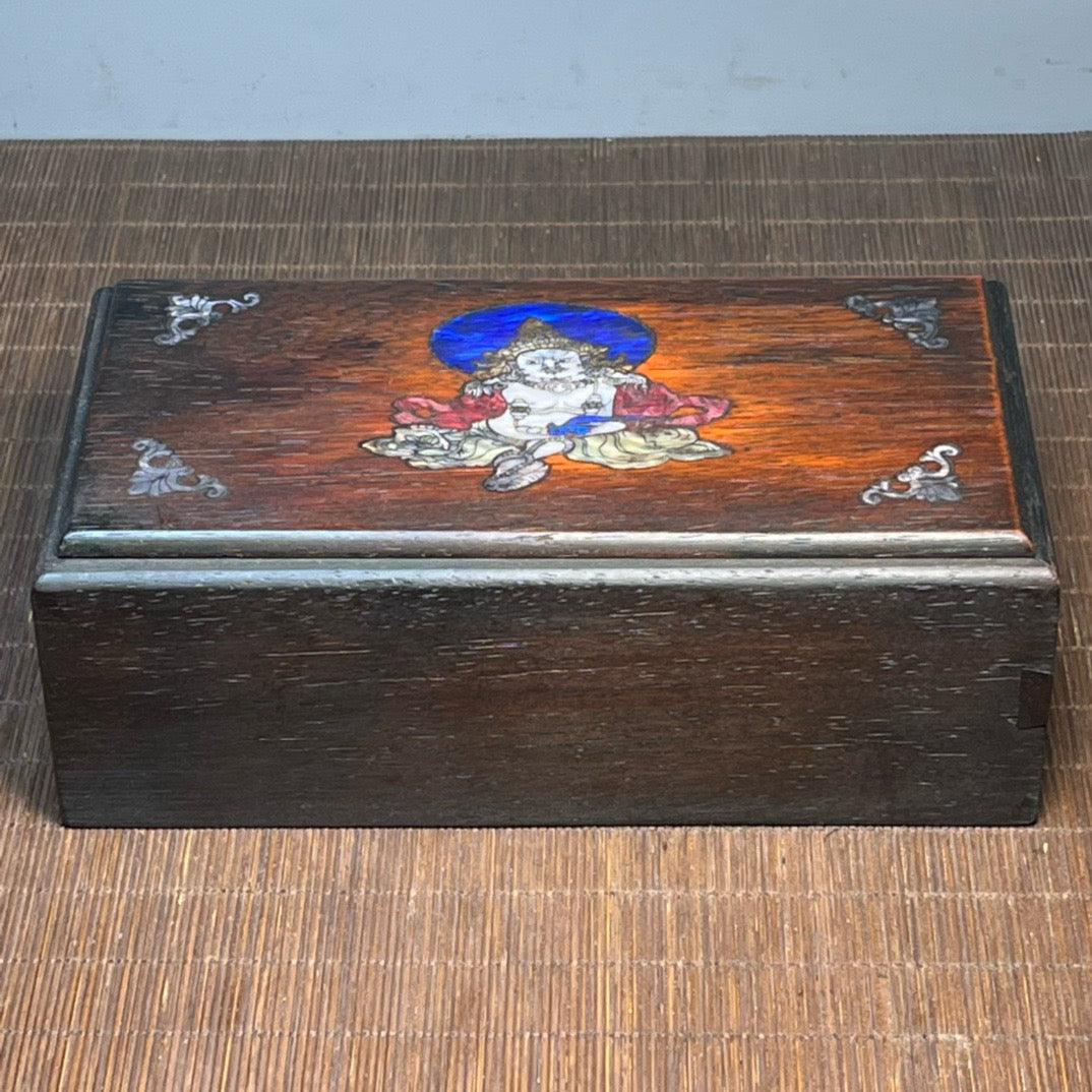 Chinese antique blood sandalwood inlaid with shell carved Buddha statue mechanism box