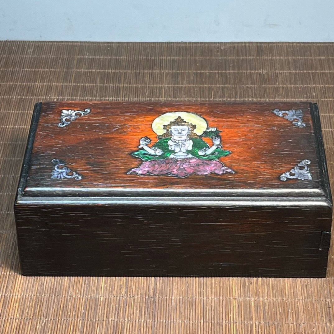 Chinese antique blood sandalwood inlaid with shell carved Buddha statue mechanism box