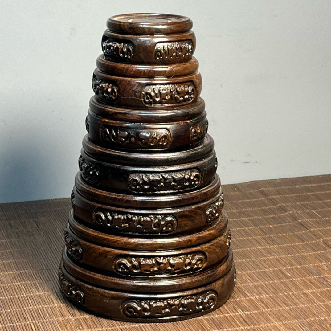 Chinese antique ebony carving set with seven small round seats