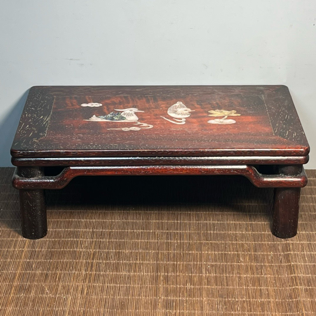 Chinese antique blood sandalwood inlaid shell carved small table