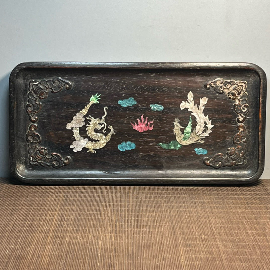 Chinese antique blood sandalwood inlaid with seashell carved tea plate ornaments