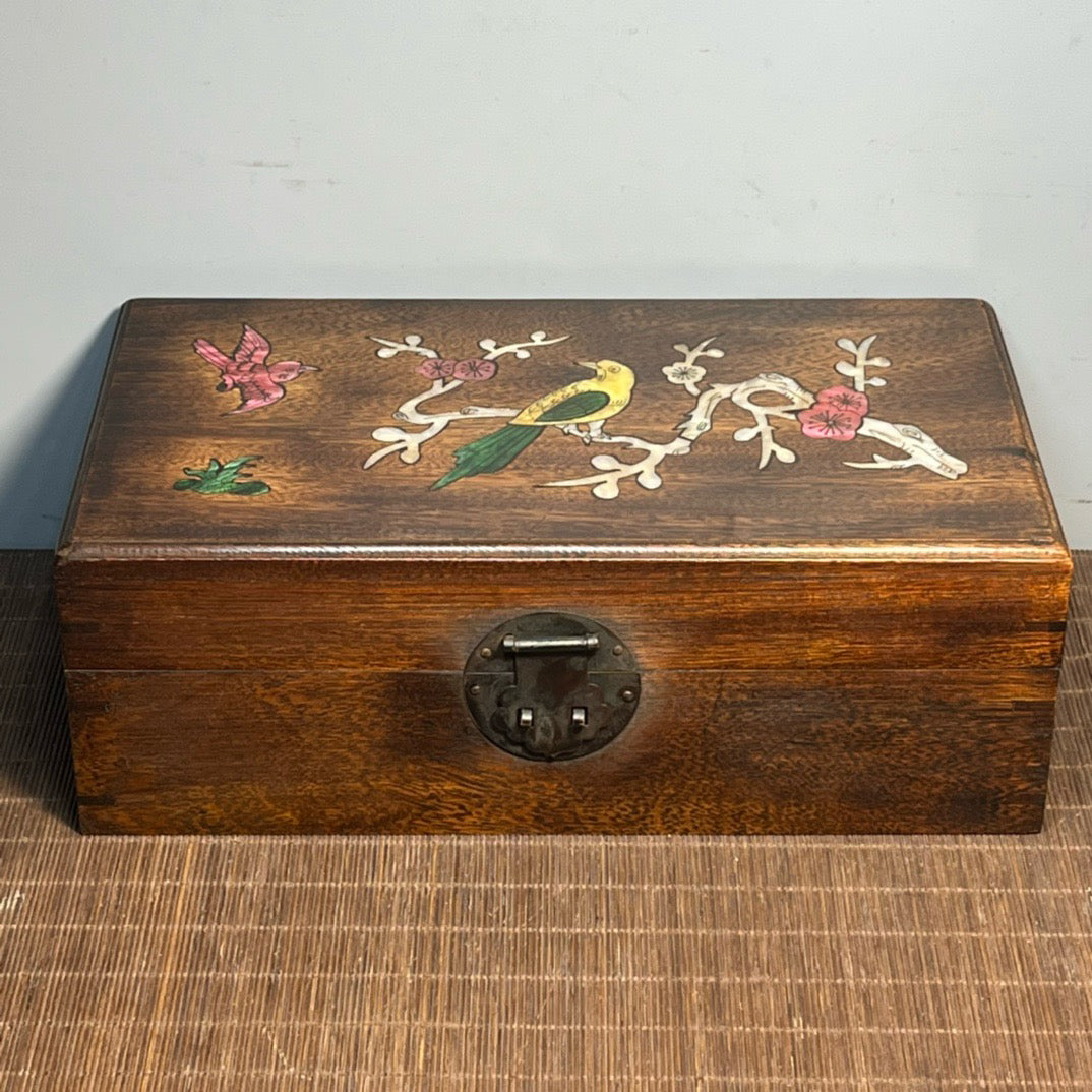 Chinese antique rosewood inlaid shell carved rectangular storage box
