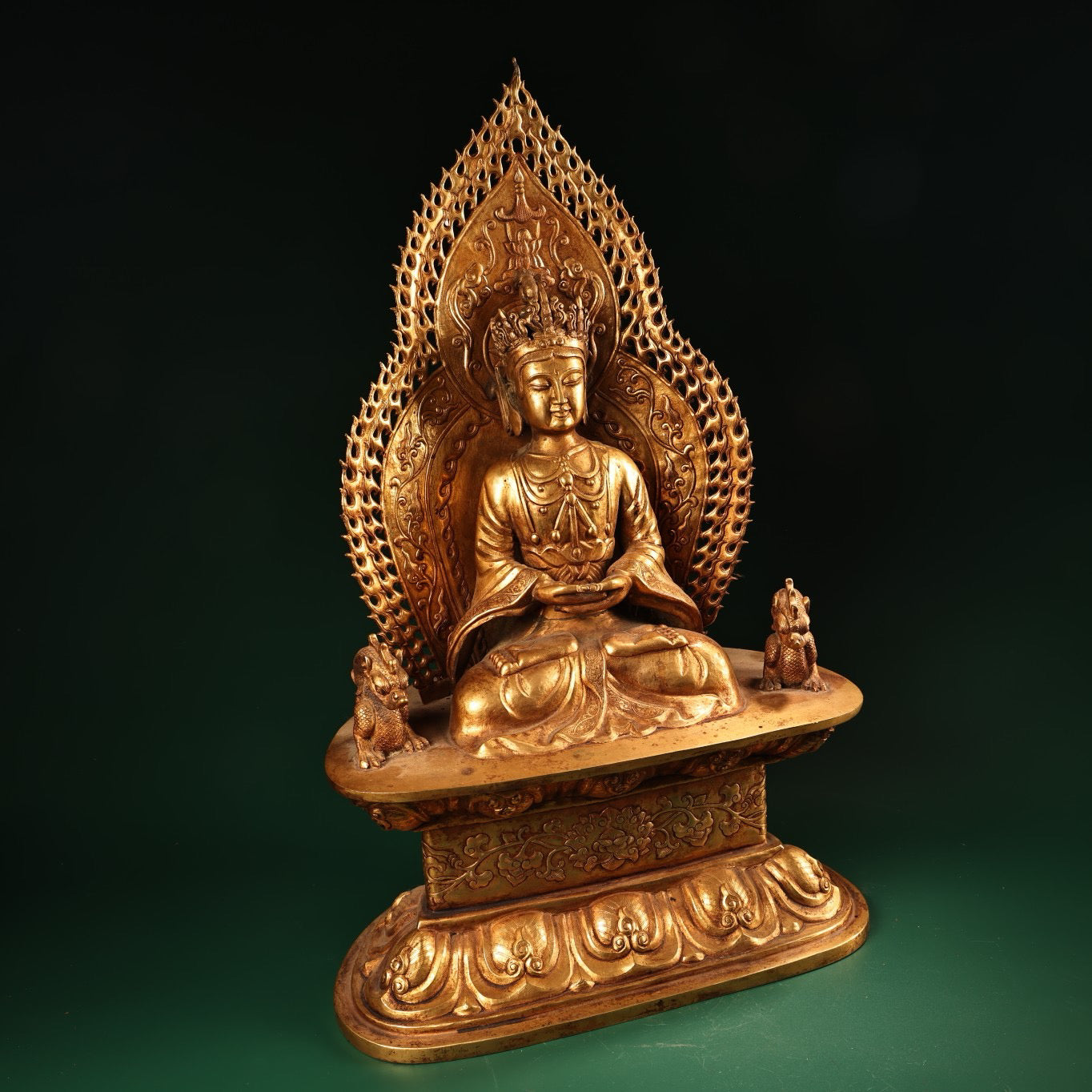 A Chinese antique pure copper high relief carved with gilded immeasurable longevity Buddha