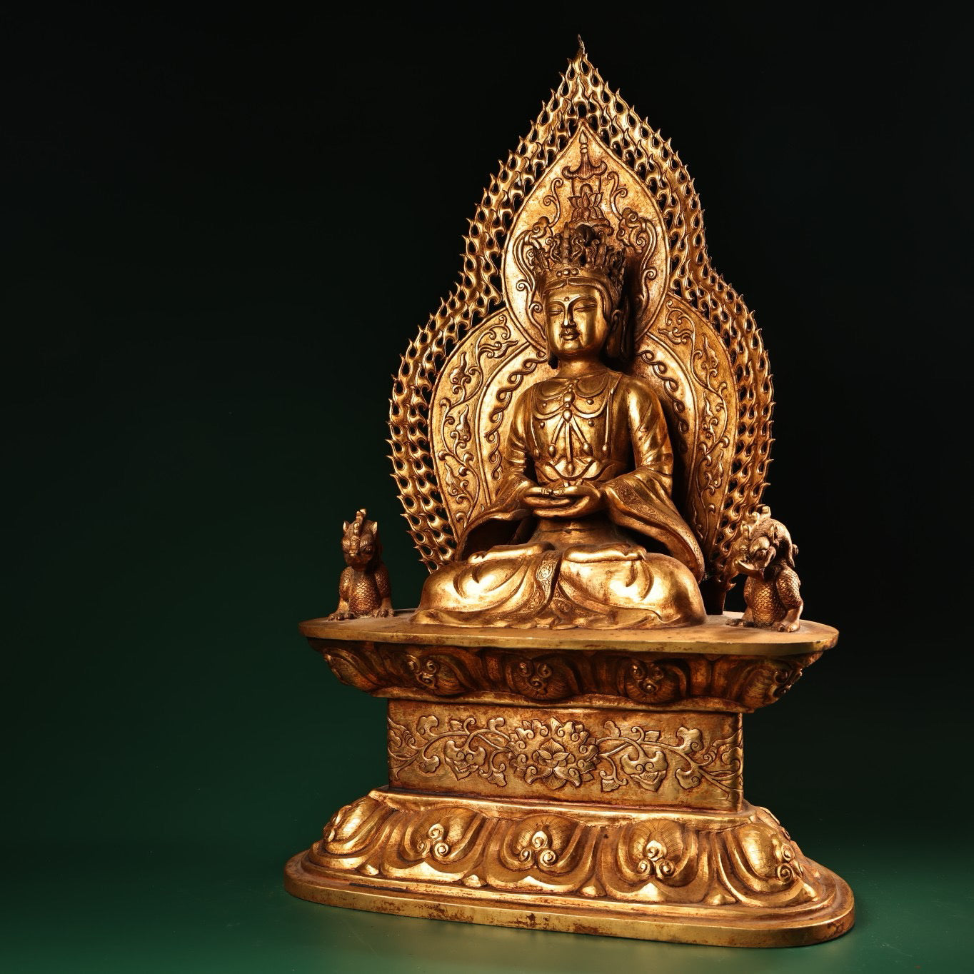 A Chinese antique pure copper high relief carved with gilded immeasurable longevity Buddha