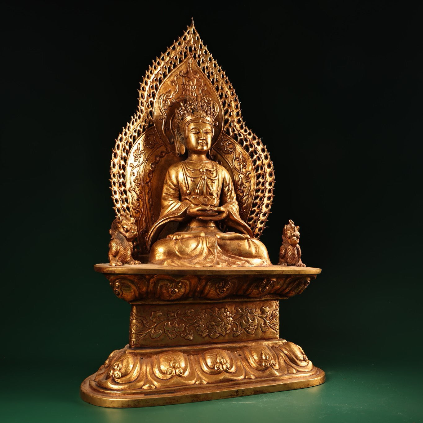 A Chinese antique pure copper high relief carved with gilded immeasurable longevity Buddha