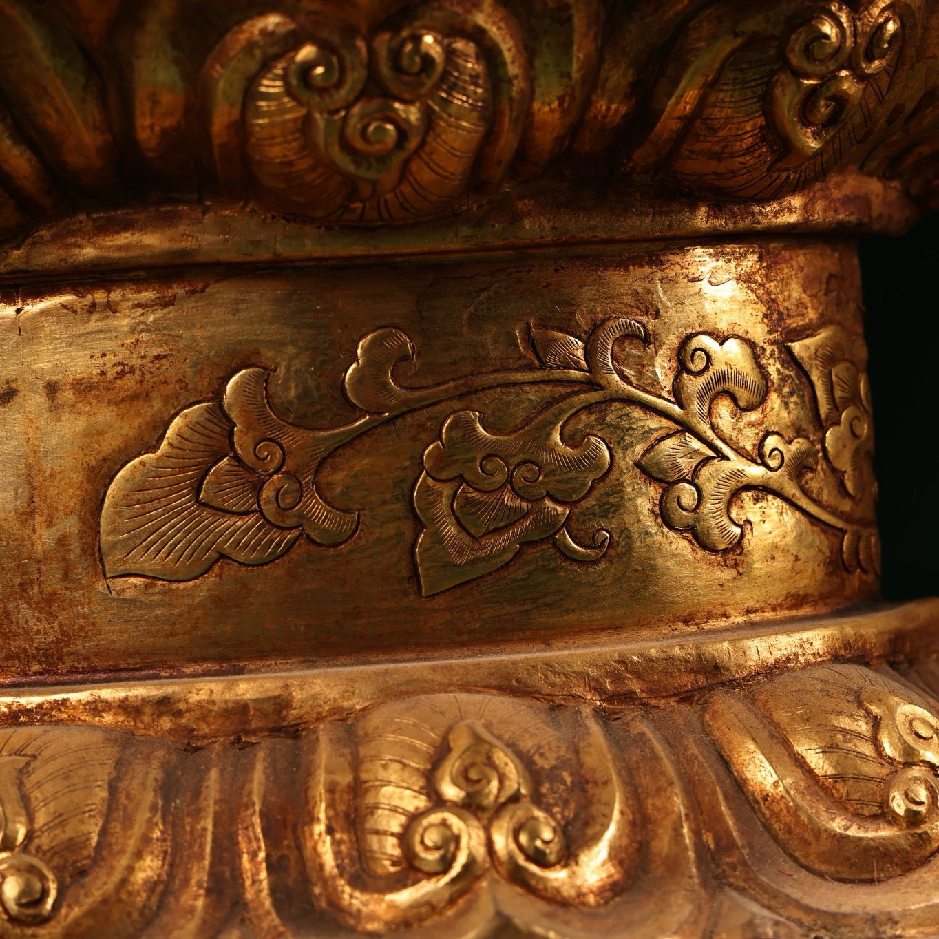 A Chinese antique pure copper high relief carved with gilded immeasurable longevity Buddha