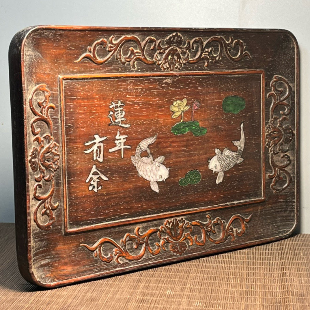 檀木镶贝壳雕刻茶盘