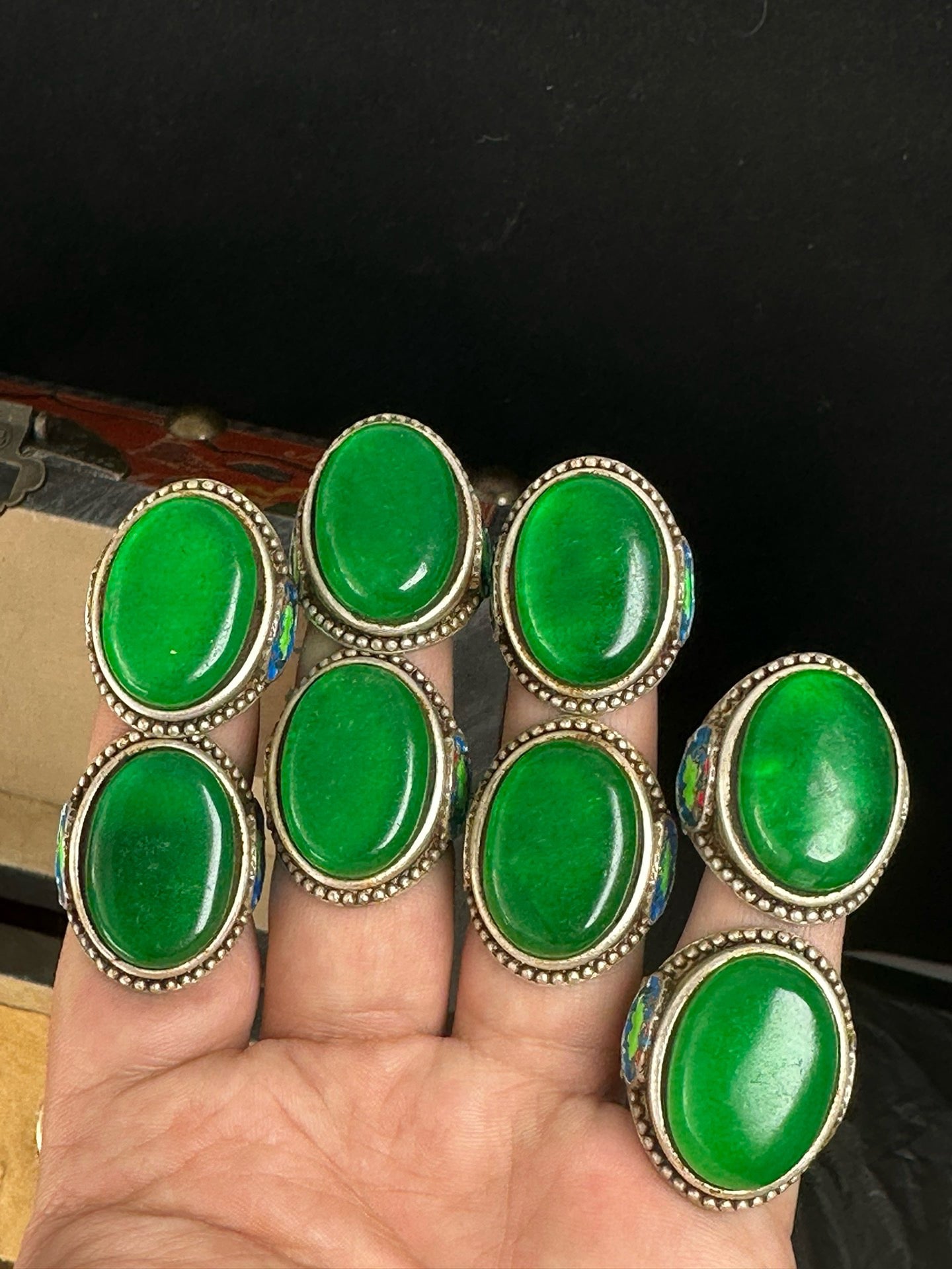 A box of Chinese antique jade rings