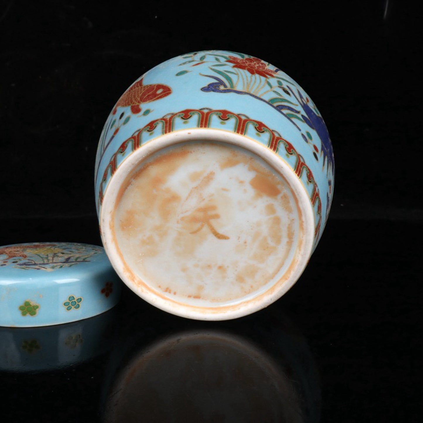 Colored fish and algae patterned sky shaped jar