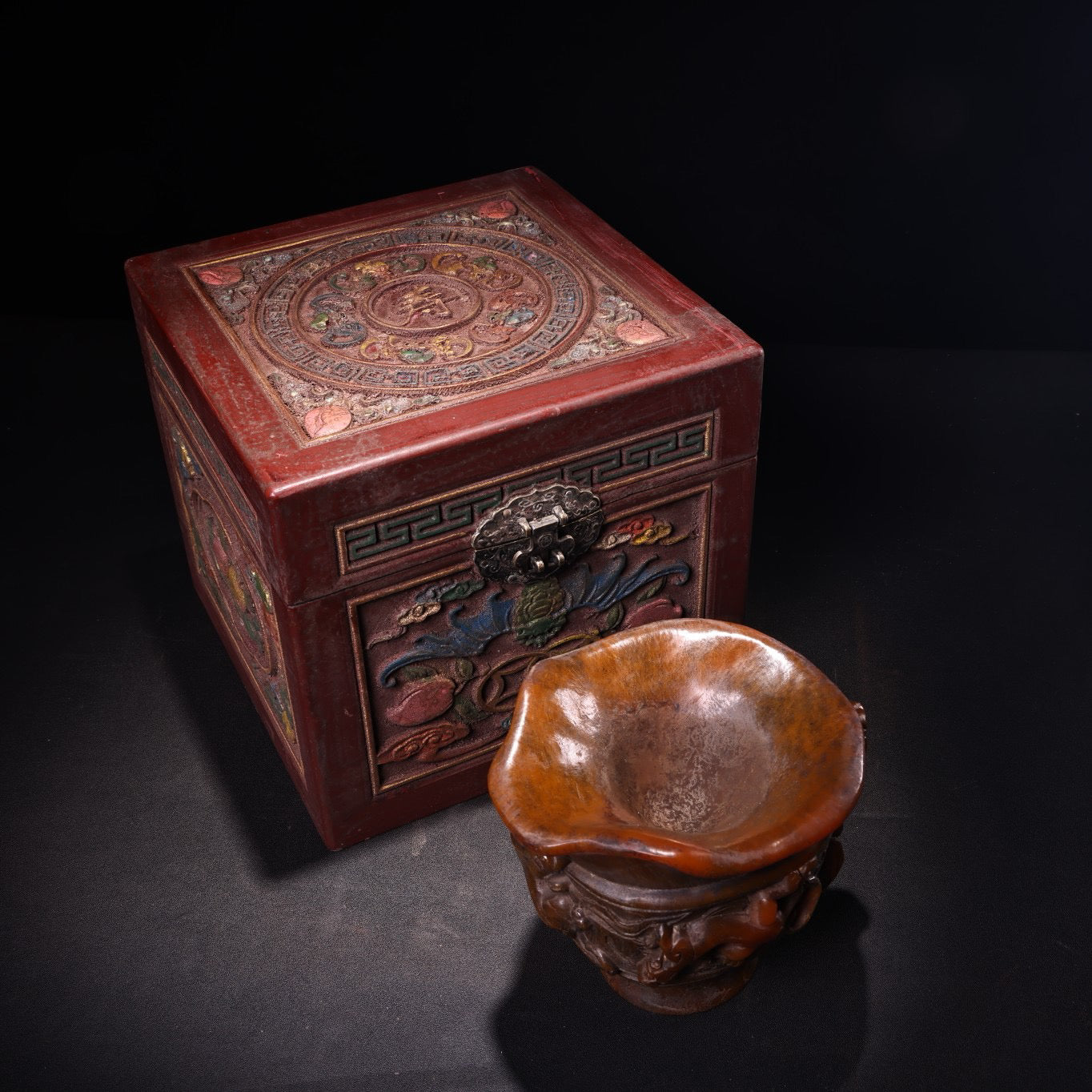 Chinese antique high relief rhinoceros horn coiled dragon wine glass