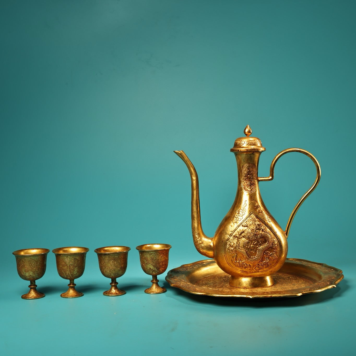 A set of Chinese antique pure copper high relief carved wine utensils