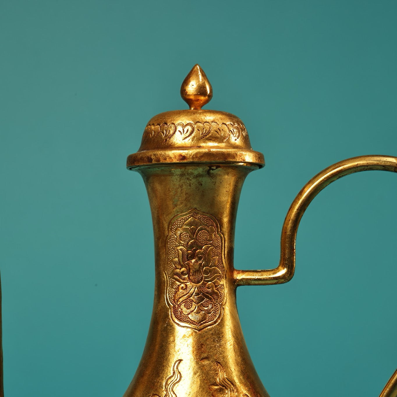 A set of Chinese antique pure copper high relief carved wine utensils