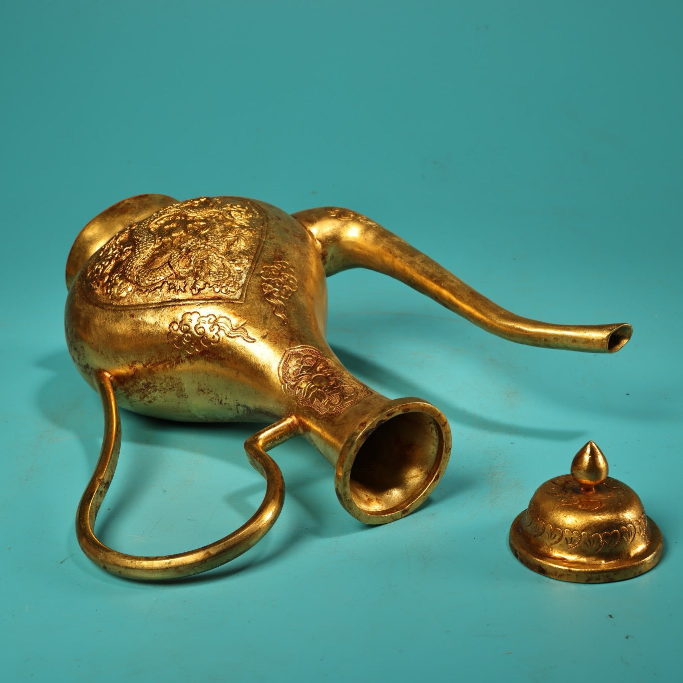 A set of Chinese antique pure copper high relief carved wine utensils