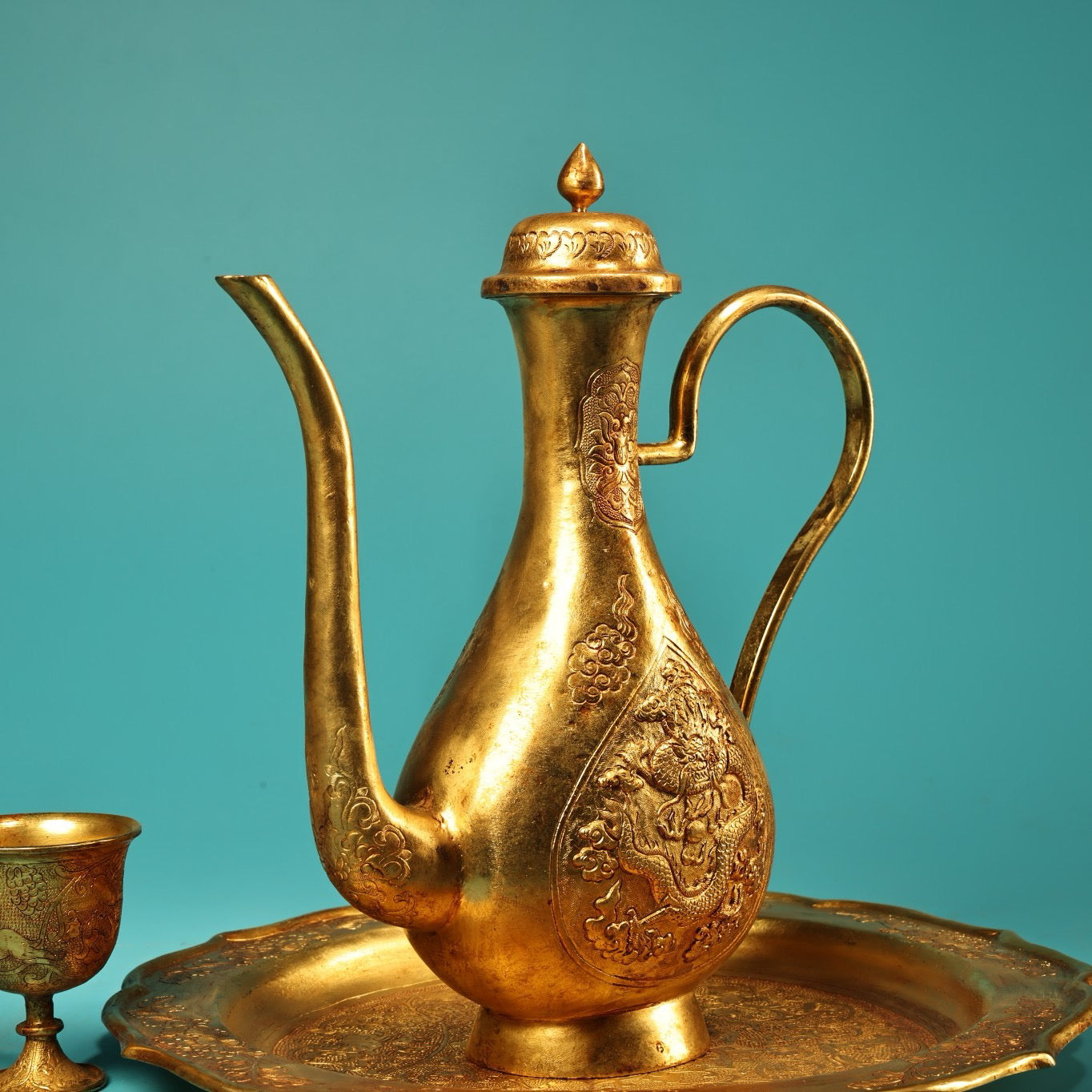 A set of Chinese antique pure copper high relief carved wine utensils