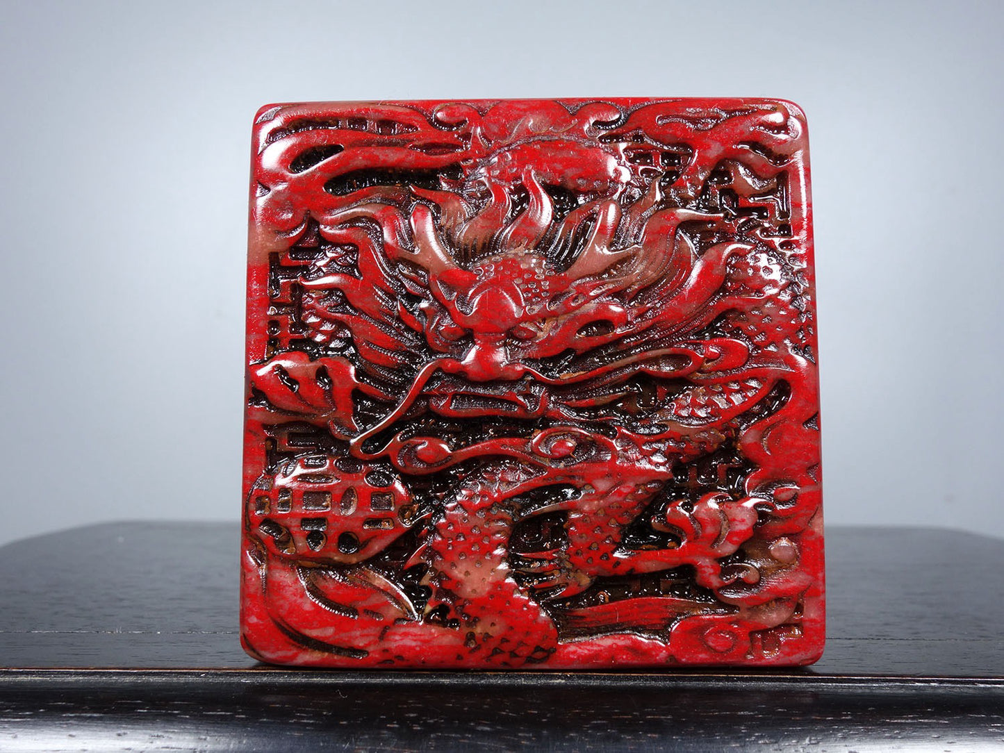 Chinese antique chicken blood stone finely carved divine dragon offering auspicious seal