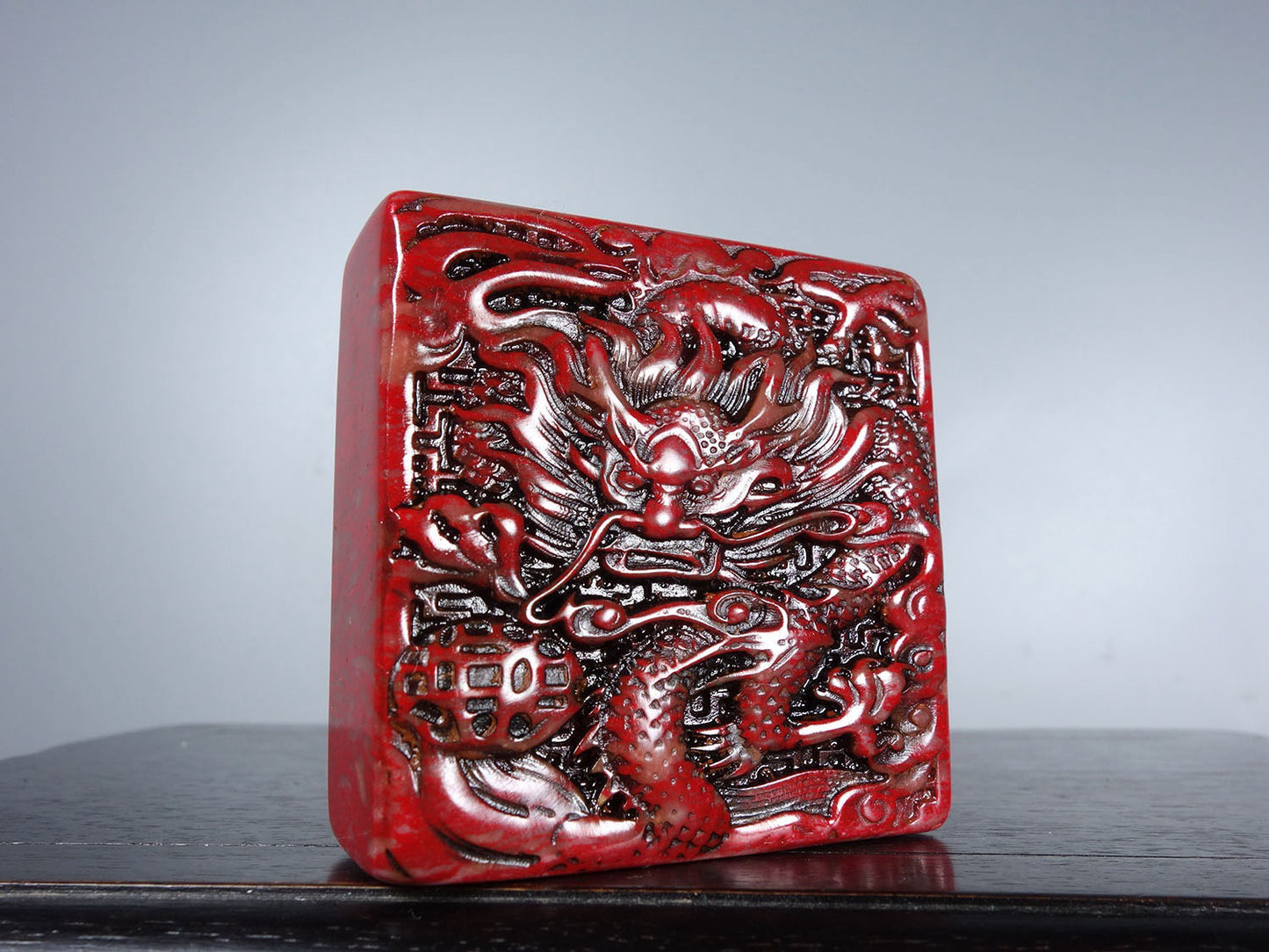 Chinese antique chicken blood stone finely carved divine dragon offering auspicious seal