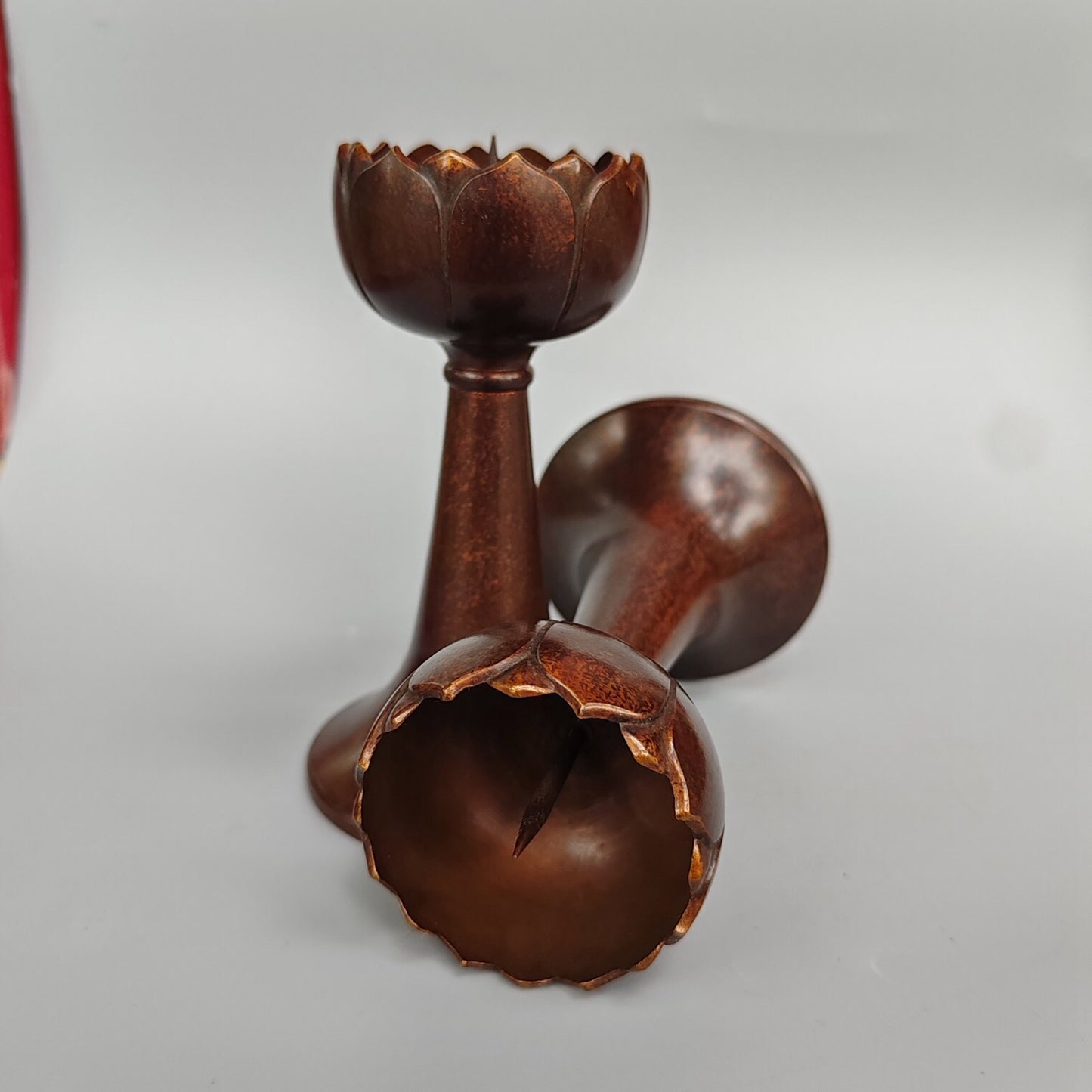 A pair of Chinese antique pure copper high lotus flower figurines