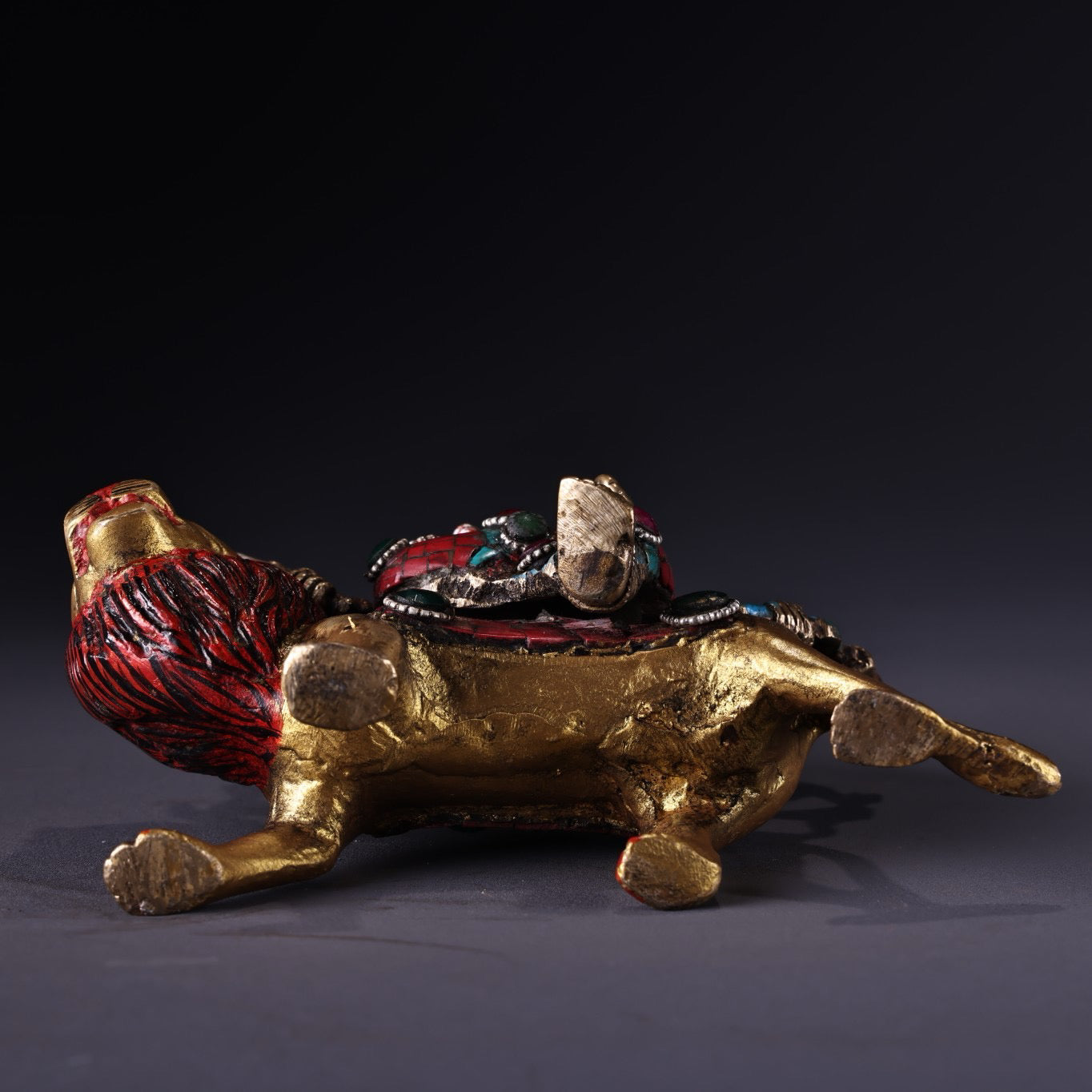 Chinese antique pure copper six armed lion riding guardian deity