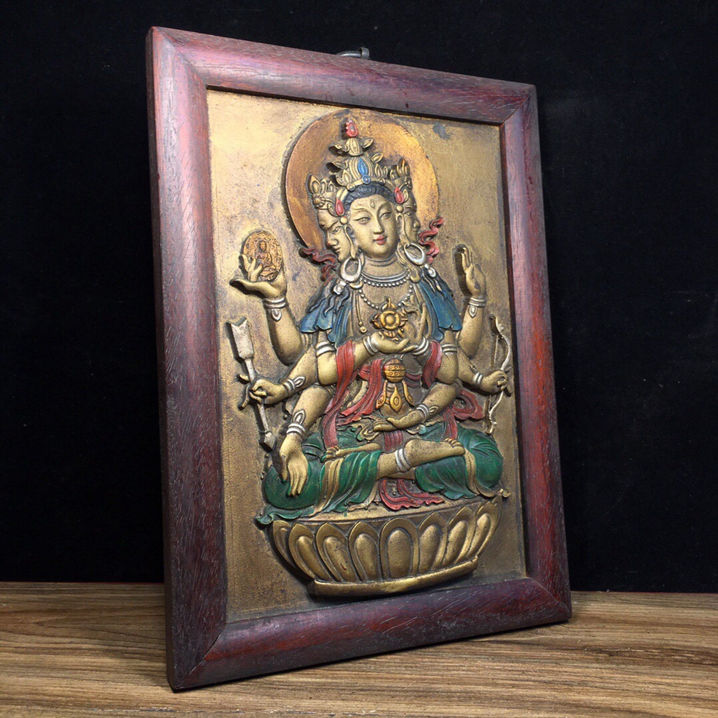 Chinese antique pure copper relief three sided six armed thangka