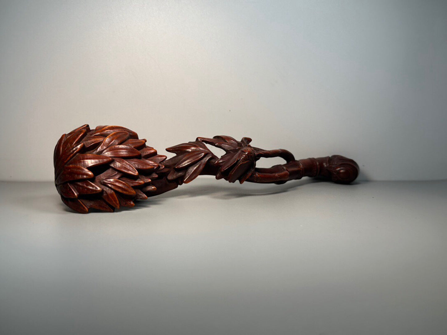 Chinese antique boxwood carving with bamboo leaves, Ruyi