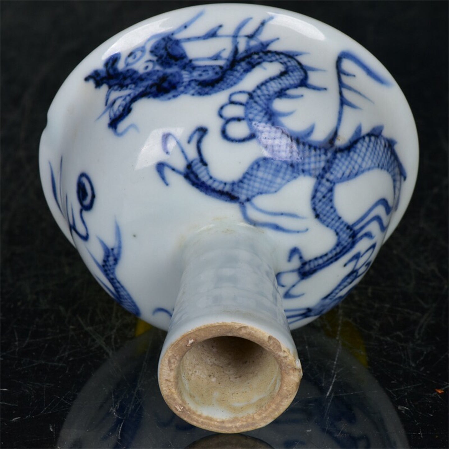 Chinese antique blue and white dragon patterned high footed bowl