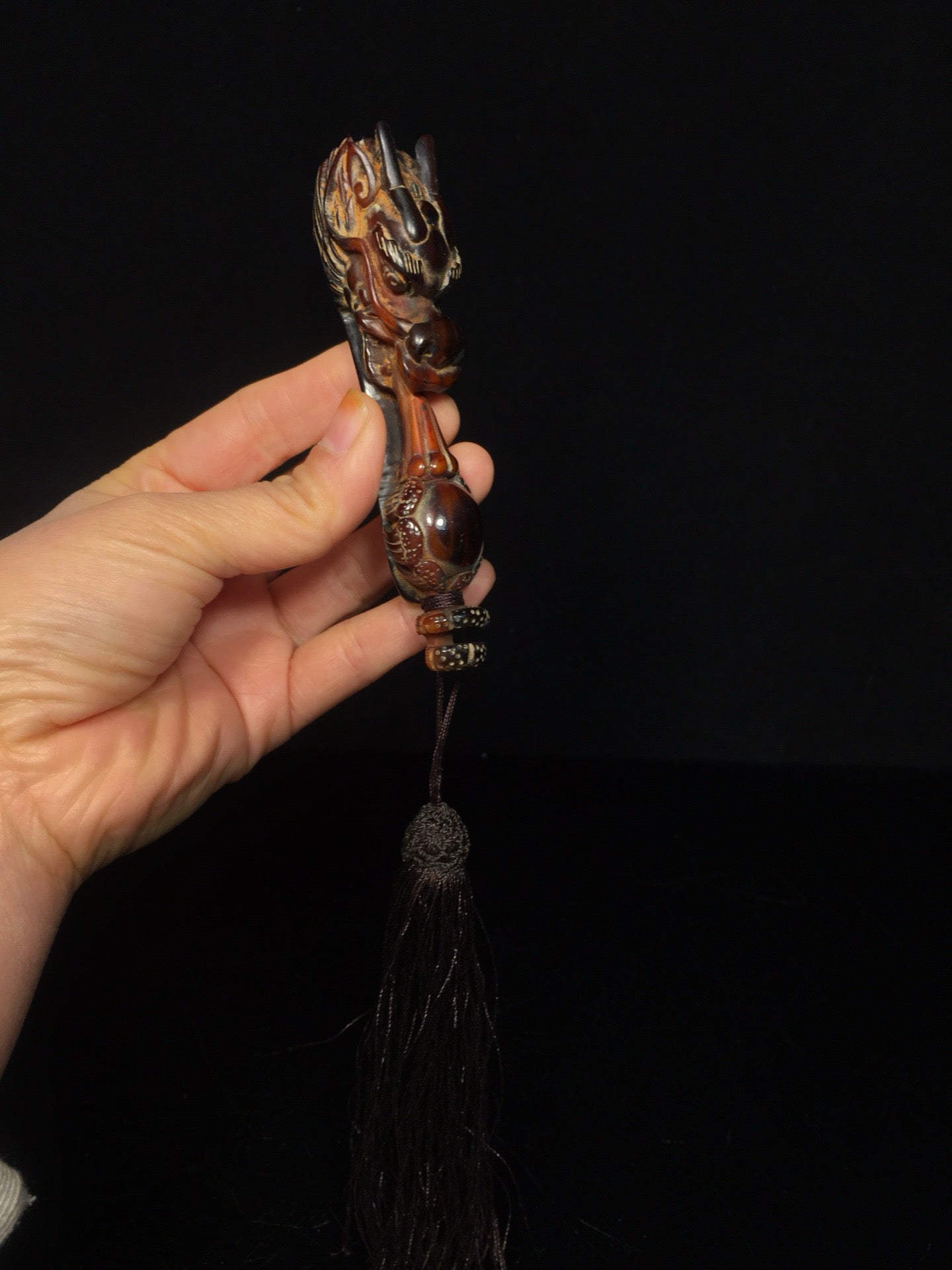 Chinese antique ox horn handmade carved dragon head Ruyi
