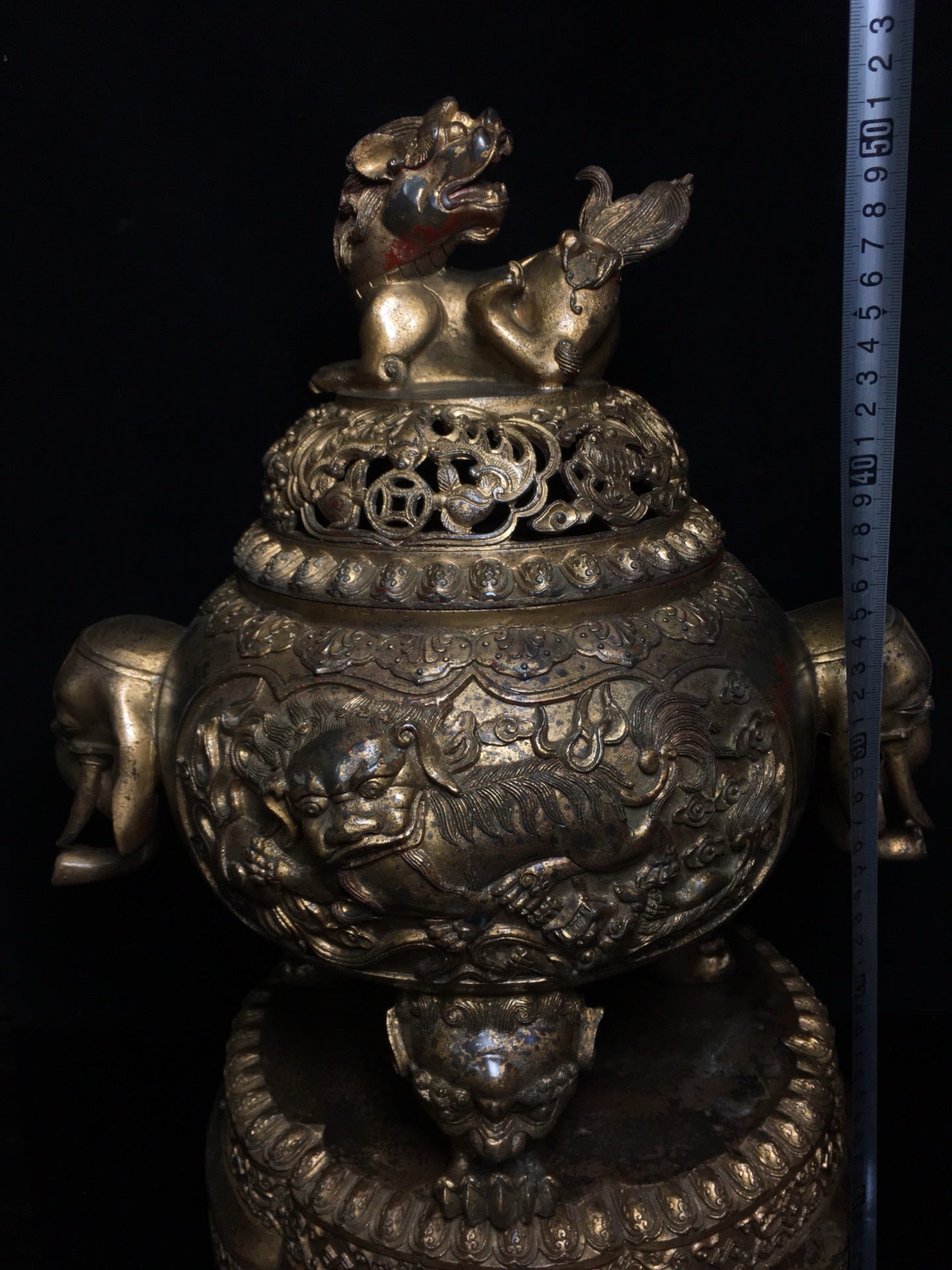 Chinese antique pure copper Lion Head Elephant Ear Incense Burner