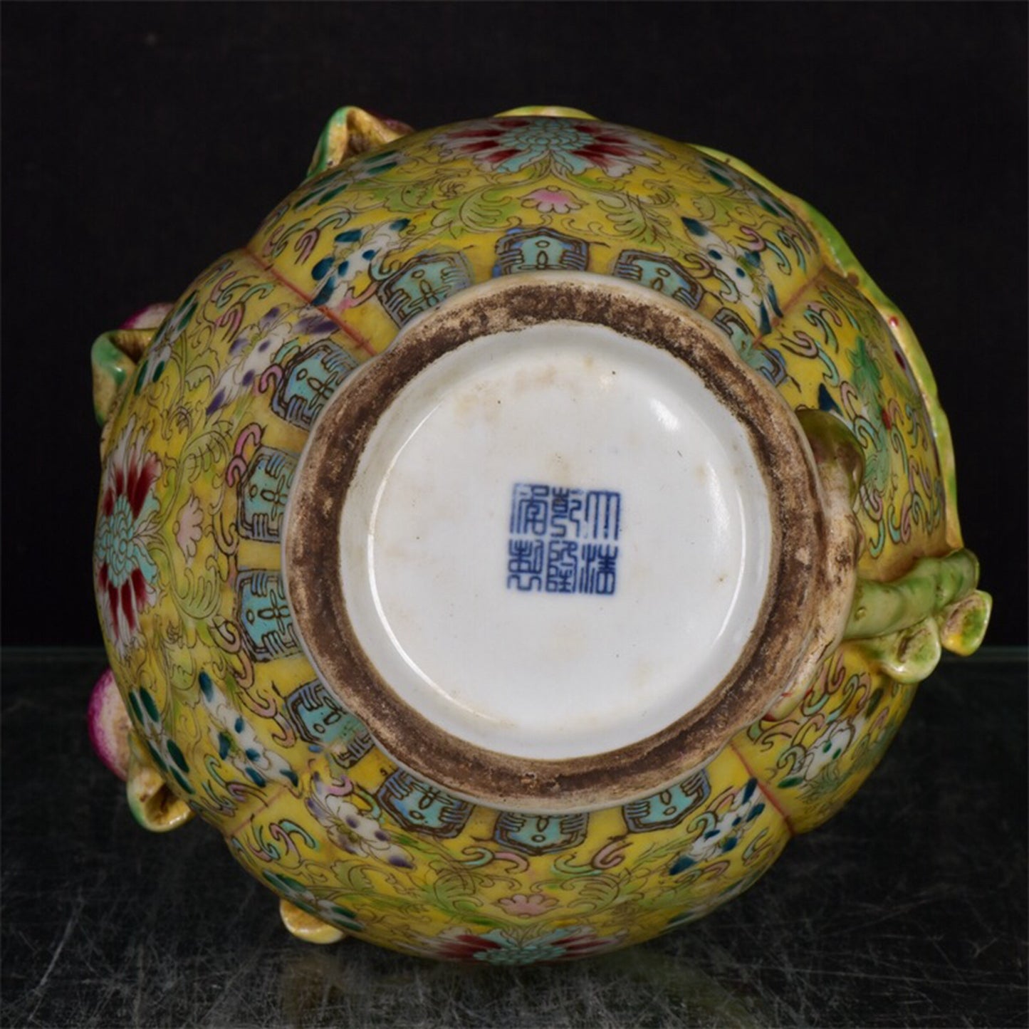 Chinese antique yellow glazed pink relief peach vase