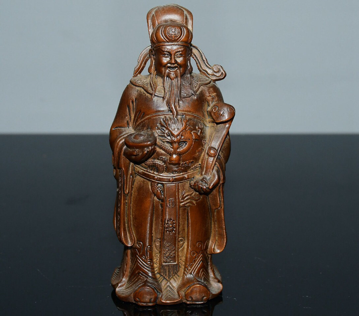 Chinese antique small leaf boxwood God of Wealth ornament