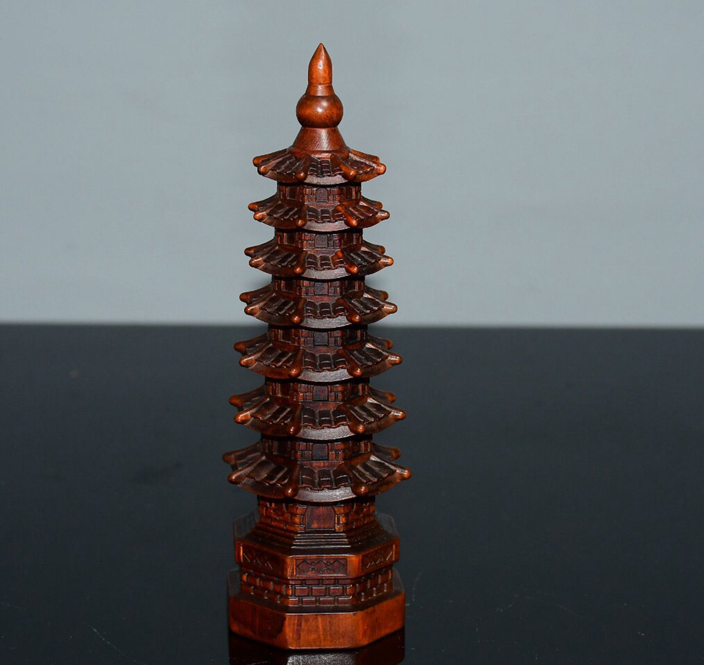Chinese antique small leaf boxwood seven story Wenchang Pagoda ornaments
