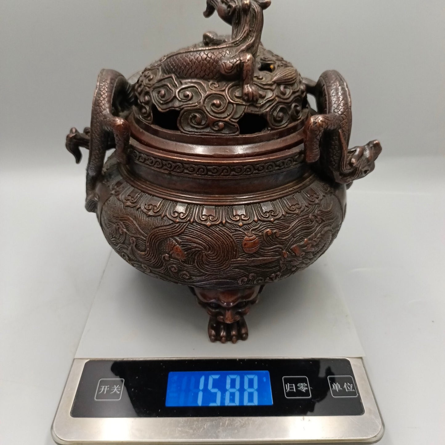 Chinese Antique Fish Leap Dragon Gate Double Dragon Copper Incense Burner