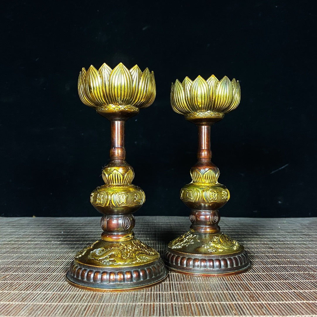 A pair of pure copper lotus wax platforms for attracting wealth and treasures