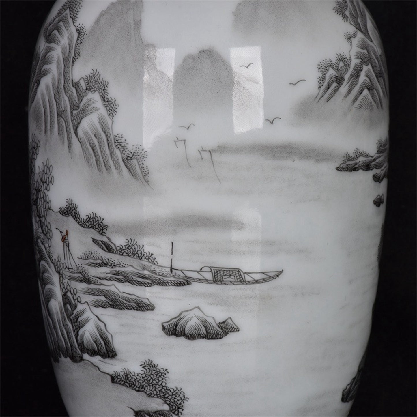 Chinese antique ink colored landscape patterned long necked bottle