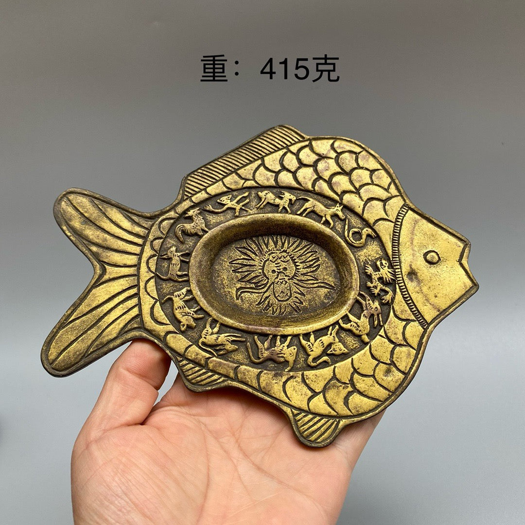 Chinese antique pure copper fish shaped inkstone pool