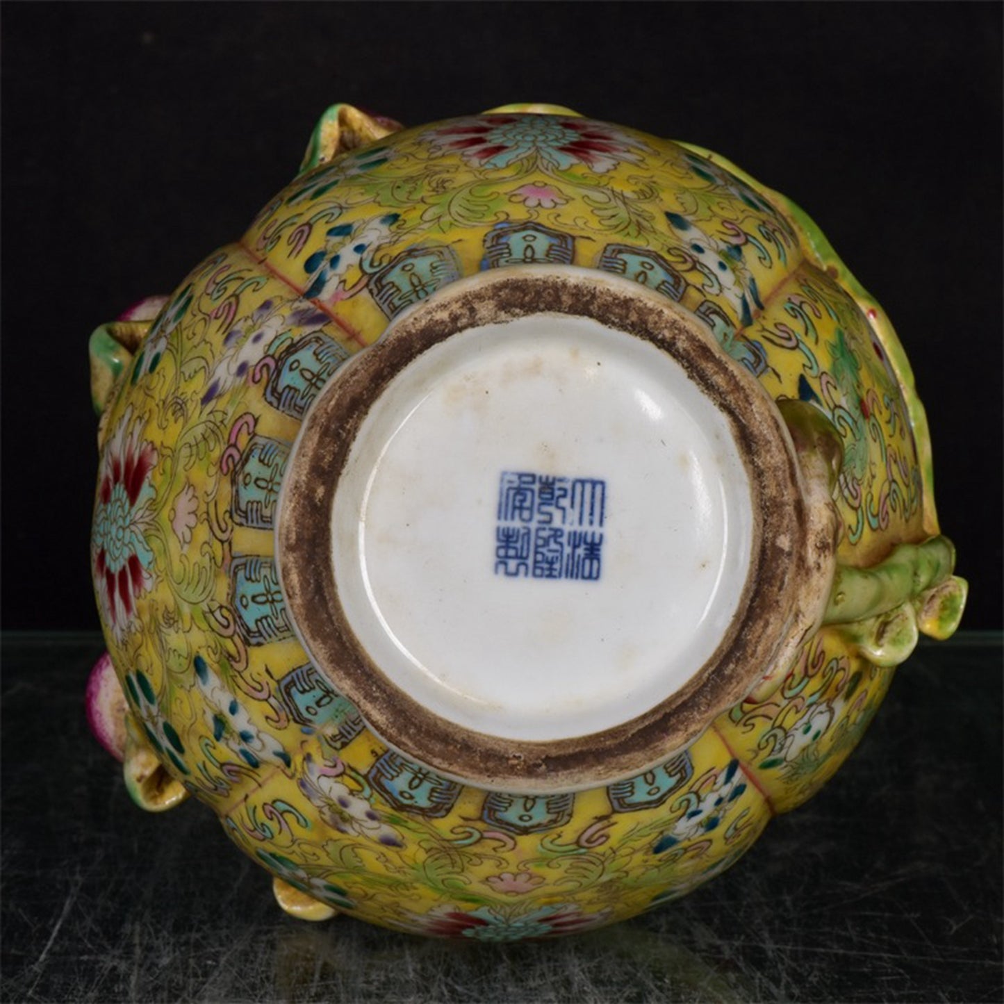 Chinese antique yellow glazed pink relief peach vase