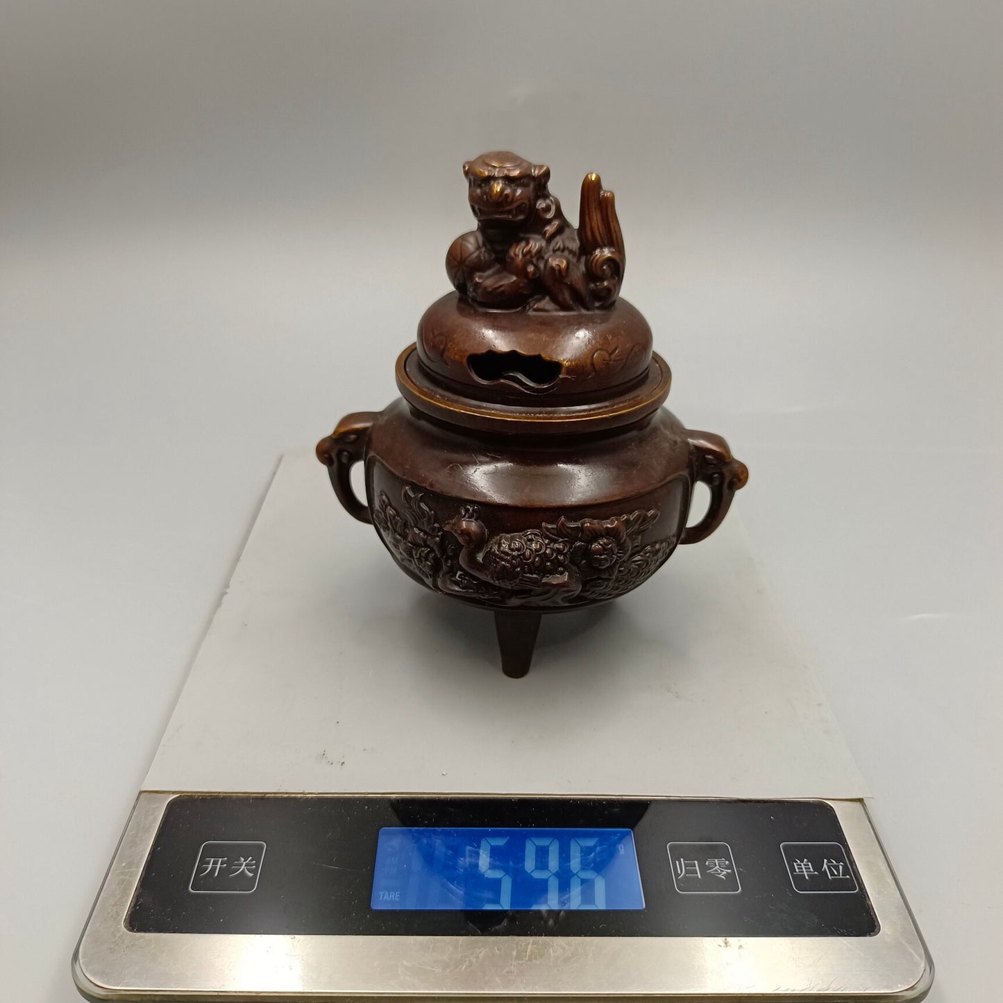 Chinese Antique Peacock Open Screen Embroidered Ball Lion Cover Copper Incense Burner