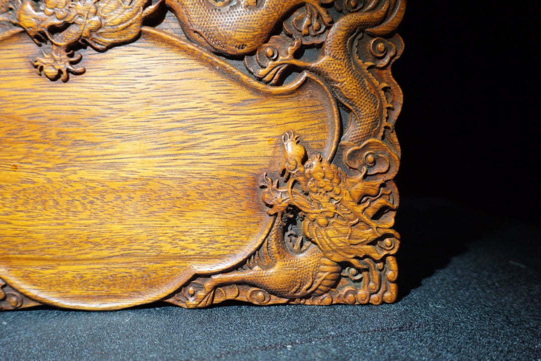 Chinese antique rosewood carved dragon patterned inkstone