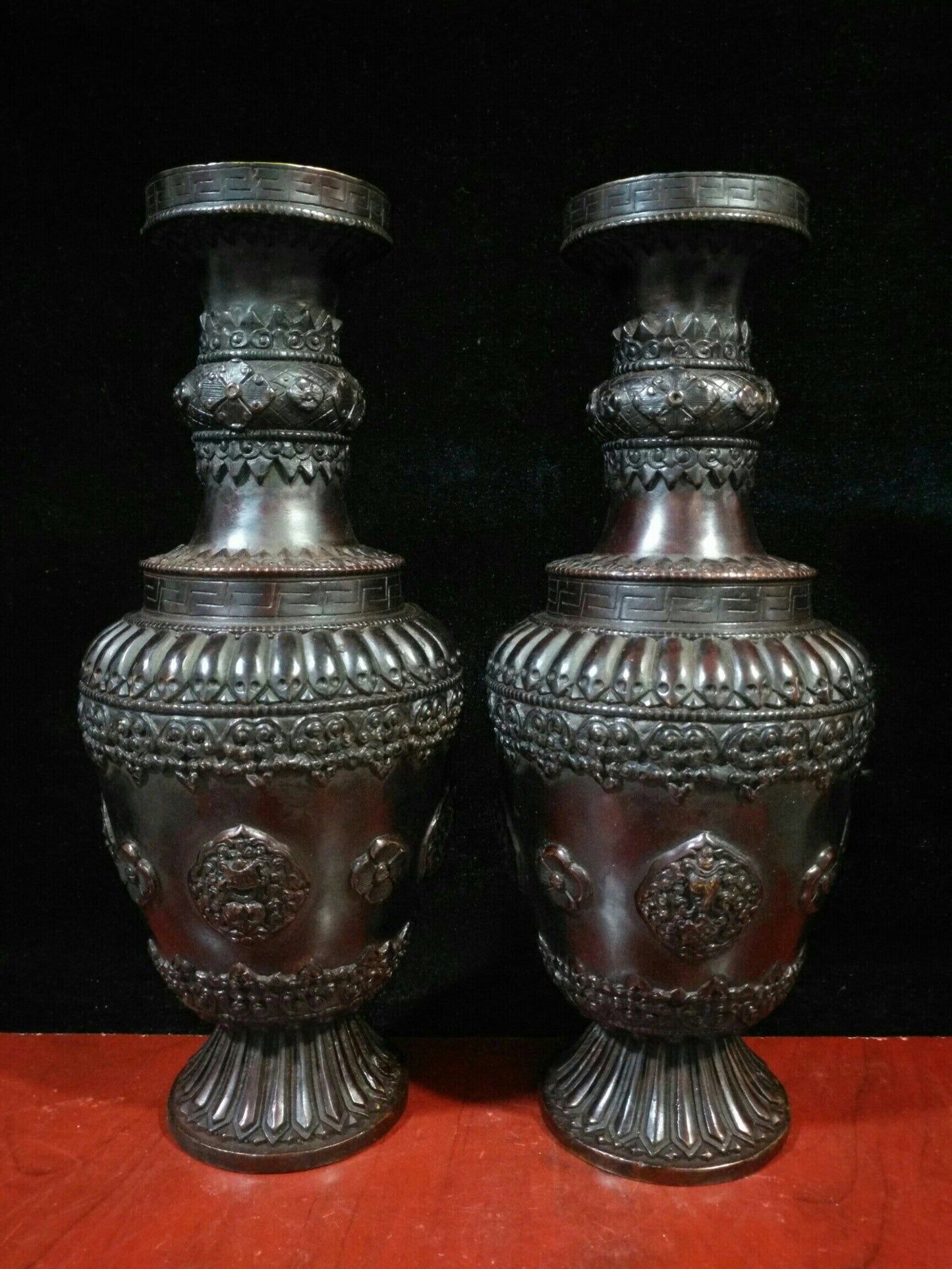 A pair of Chinese antique pure copper "Eight Auspicious Vases"