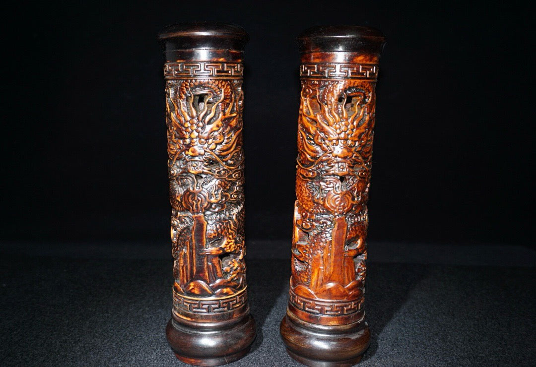 A pair of Chinese antique rosewood incense tubes