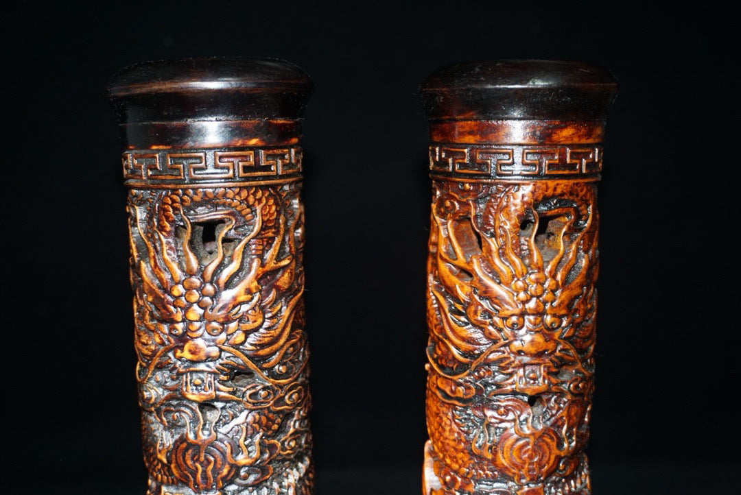 A pair of Chinese antique rosewood incense tubes