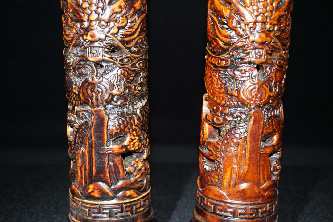 A pair of Chinese antique rosewood incense tubes