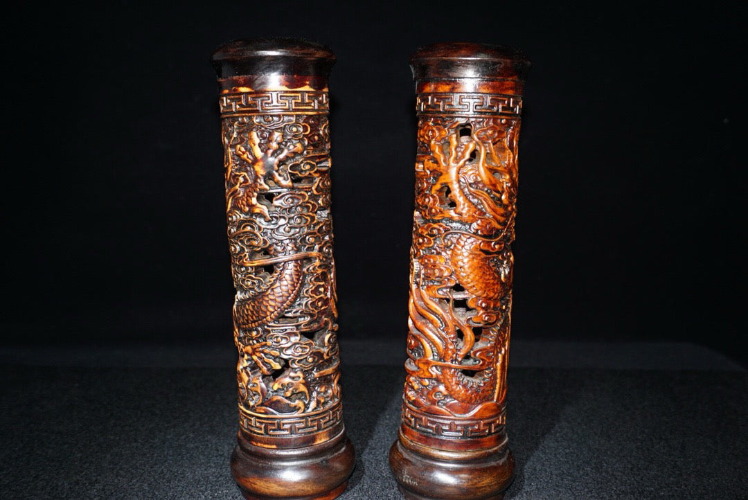 A pair of Chinese antique rosewood incense tubes