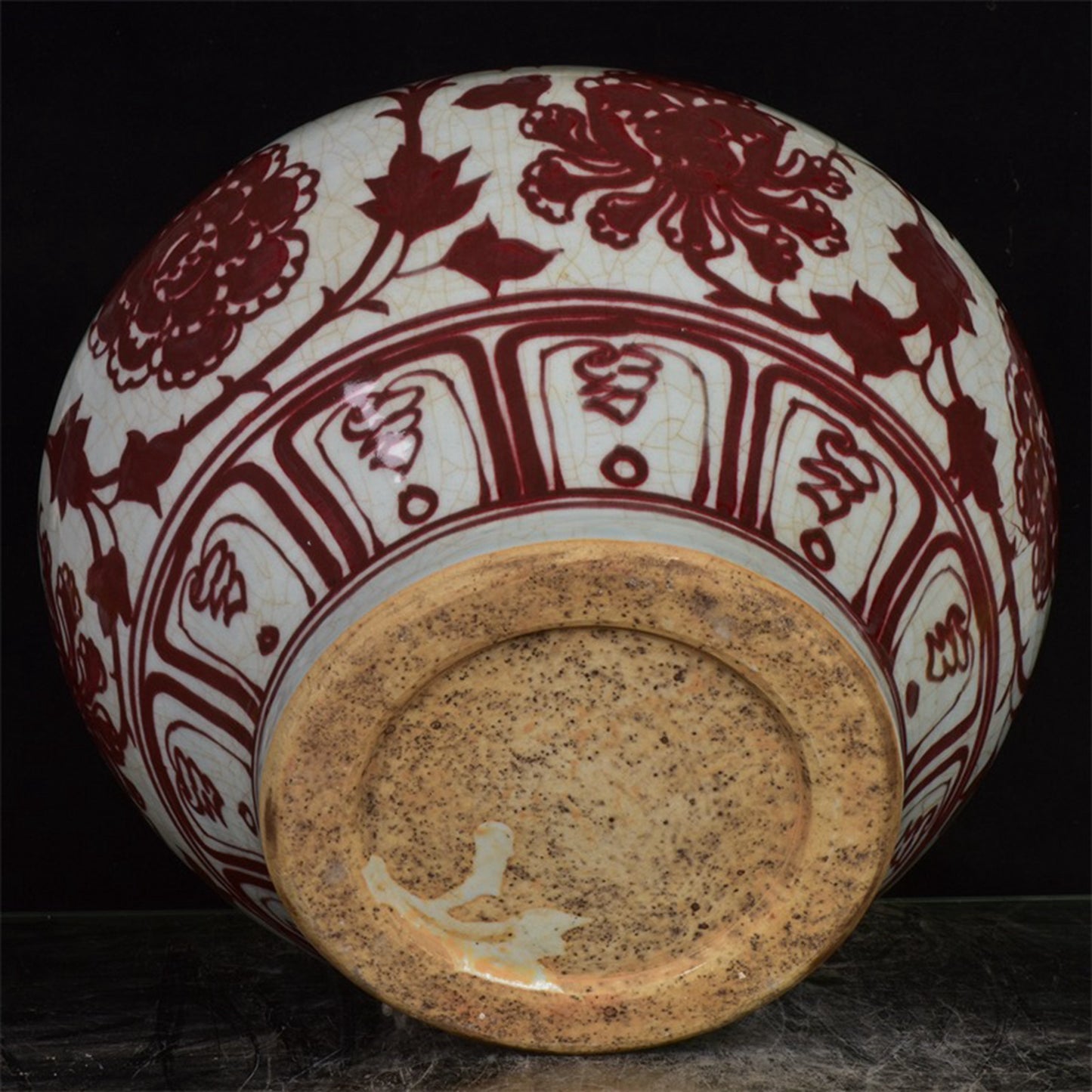 Chinese antique glazed red open sheet peony flower patterned jar