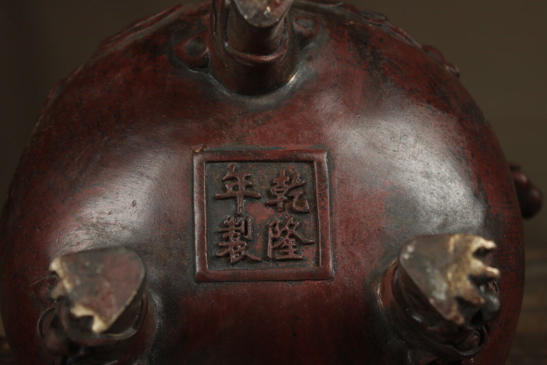 A Chinese antique pure copper double lion incense burner